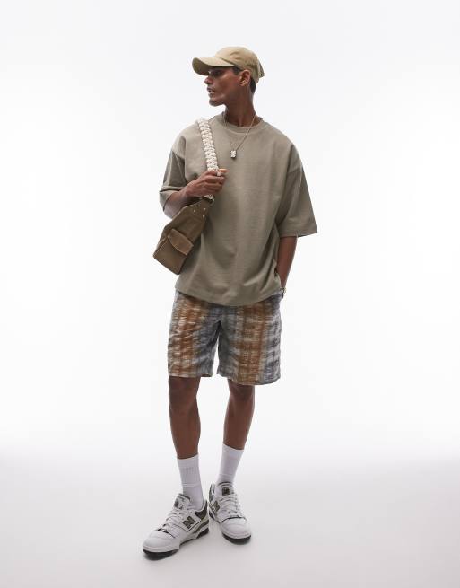 Topman oversized fit linen blend short sleeve sweatshirt in khaki