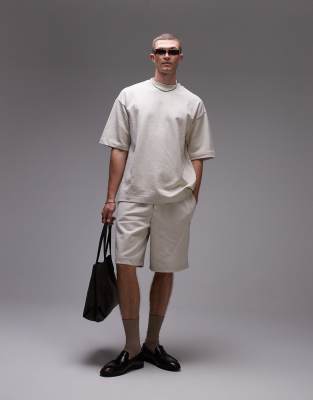 Topman Oversized Fit Linen Blend Short Sleeve Sweatshirt In Neutral