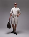 [Topman] Topman oversized fit linen blend shorts in stone-Neutral XL STONE