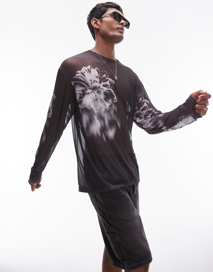 Topman oversized fit long sleeve mesh t-shirt with floral print in black