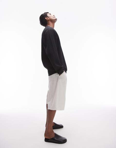 Topman relaxed fit long sleeve plisse t-shirt in black