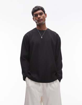 Topman Oversized Fit Long Sleeve Plisse T-shirt In Black