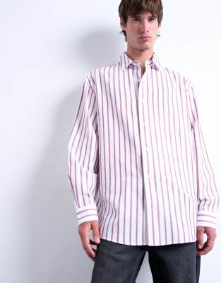 Topman Topman oversized fit long sleeve stripe shirt in burgundy-Red