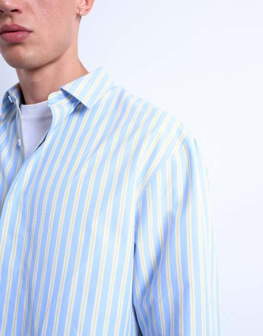 Topman oversized fit long sleeve stripe shirt in light blue & yellow, 3 of 5
