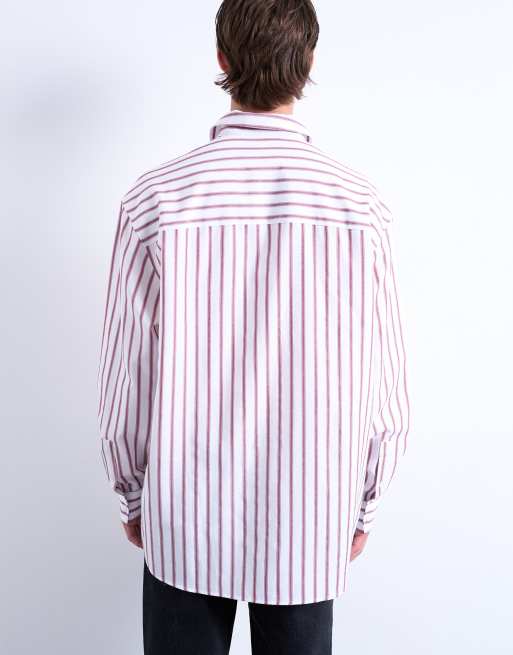 Topman oversized fit long sleeve striped shirt in burgundy