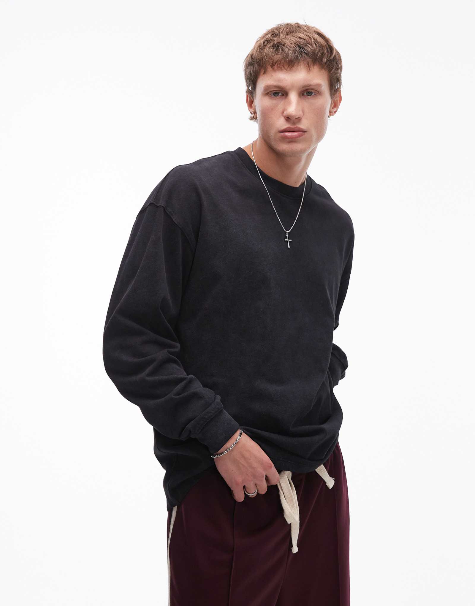 Футболка Topman oversize fit с длинным рукавом черного цвета, застиранная