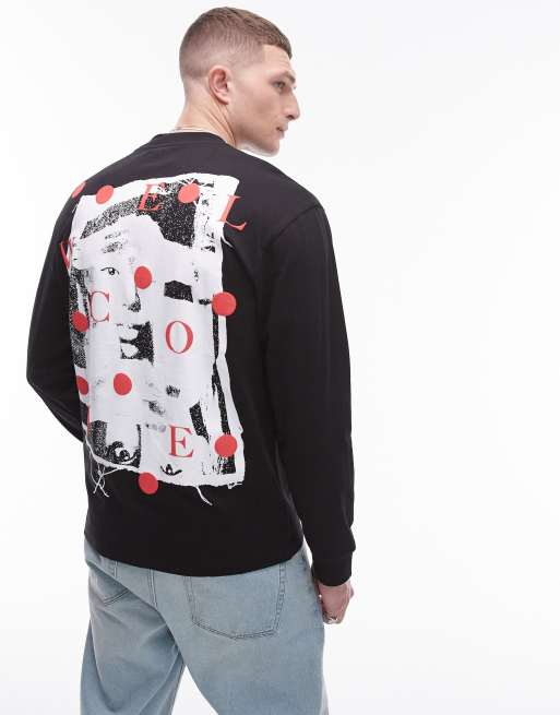 Topman oversized fit long sleeve t-shirt with front and back welcome  print in black