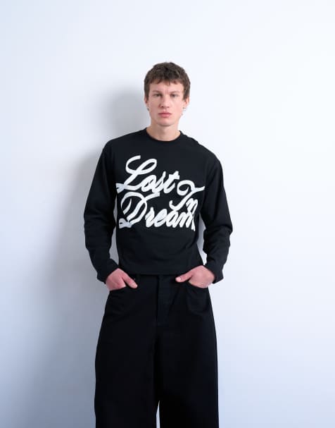 Topman oversized fit long sleeve t-shirt with lost in dreams print in black