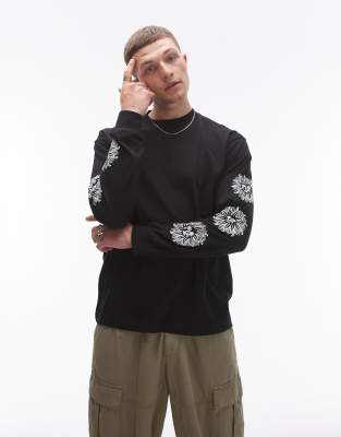 Topman Oversized Fit Long Sleeve T-shirt With Sun Sleeve Print In Black