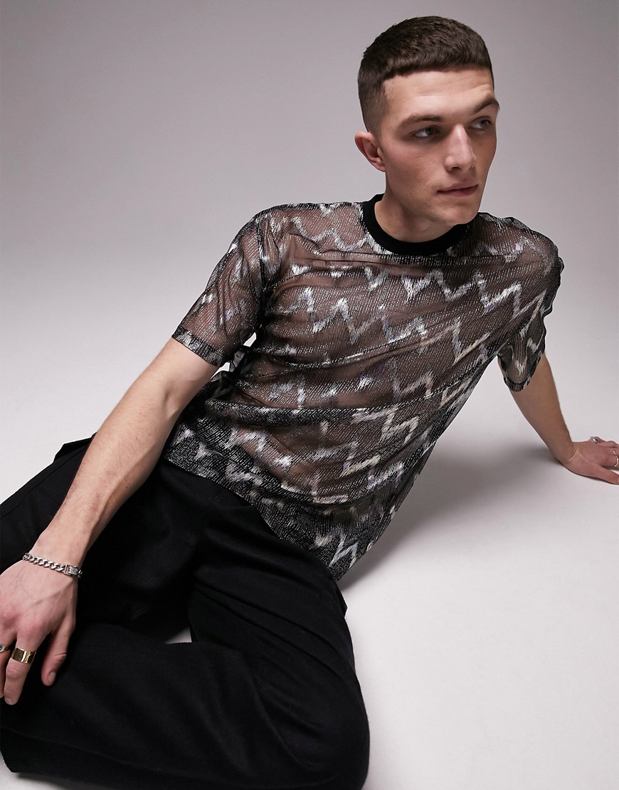 Topman oversized fit mesh T-shirt with zig zag metallic print in black