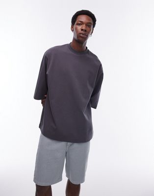 Topman premium heavyweight oversized fit mid sleeve t-shirt in charcoal