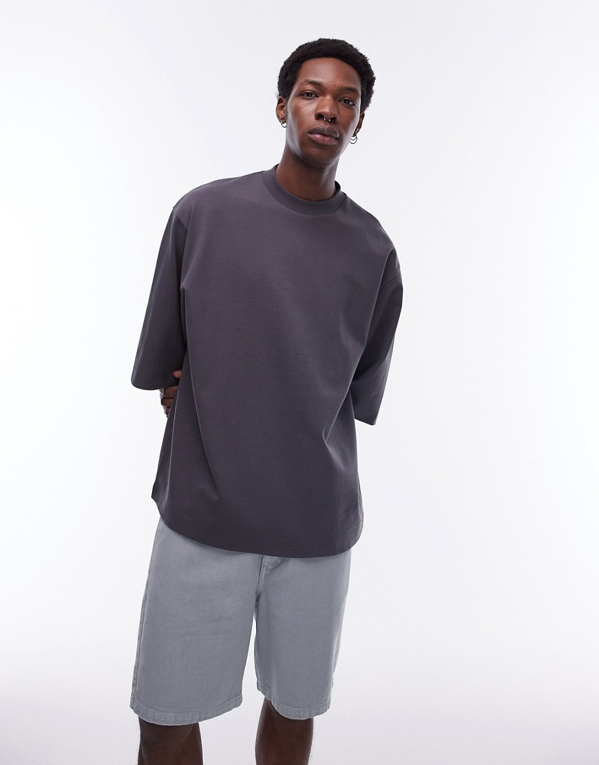 Topman premium heavyweight oversized fit mid sleeve t-shirt in charcoal-Grey