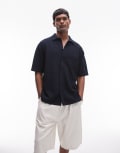 [Topman] Topman oversized fit mini waffle button through jersey shirt in navy S BLUE
