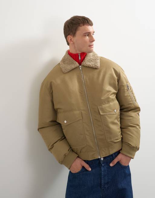Topman oversized fit nylon bomber with shearling collar in stone, 5 of 5