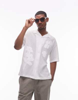 Topman Oversized Fit Open Knit Floral Patch Button Down Polo Shirt