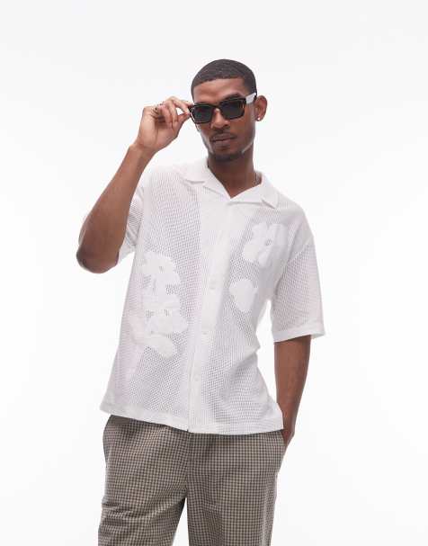 Topman oversized fit open knit floral patch button down polo shirt in white - view 1