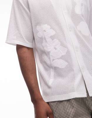 Topman Oversized Fit Open Knit Floral Patch Button Down Polo Shirt In White