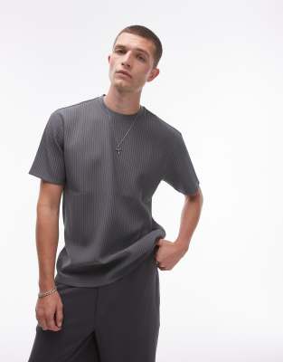 Topman Oversized Fit Plisse T-shirt In Gray