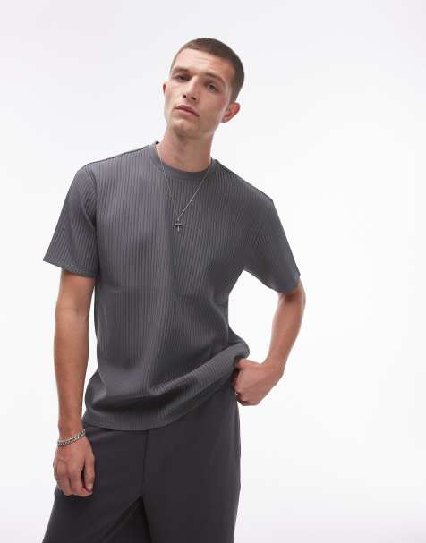 Topman oversized fit plisse t-shirt in charcoal - view 1