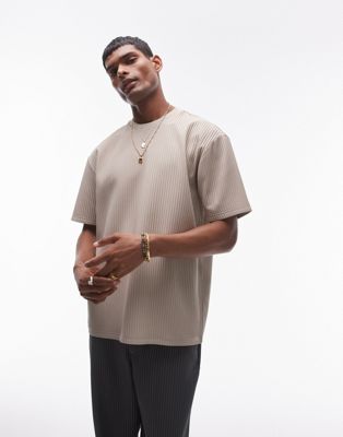 oversized fit plisse T-shirt in stone-Brown