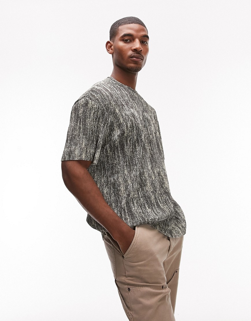 Topman oversized fit plisse t-shirt with all over print in charcoal-Grey
