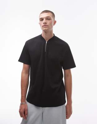 oversized fit polo shirt with zip detail in black