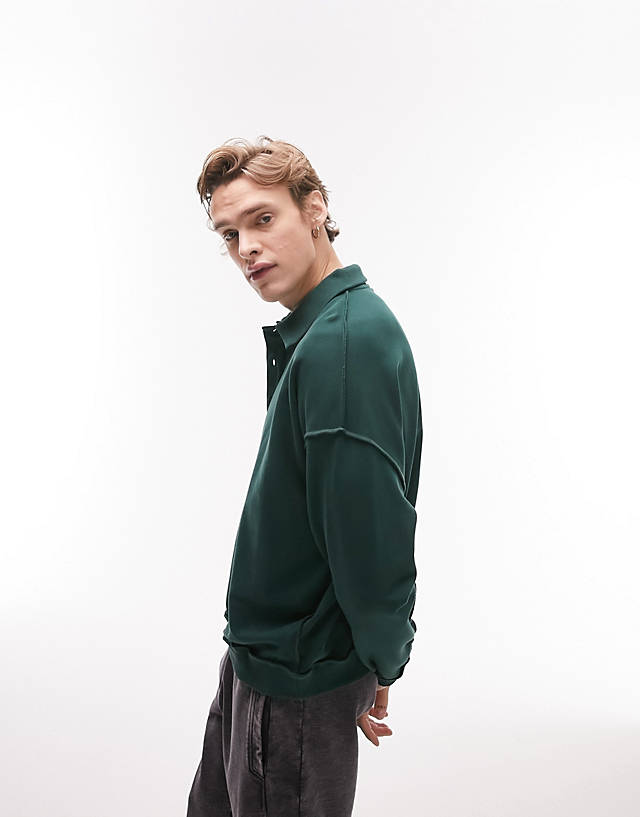 Topman - oversized fit polo with exposed seams in washed green