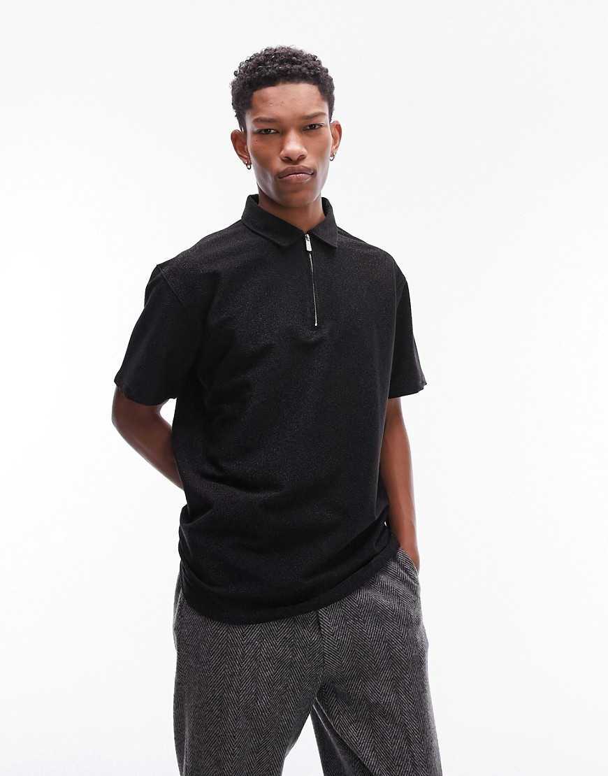 Topman Oversized Fit Polo With Glitter In Black