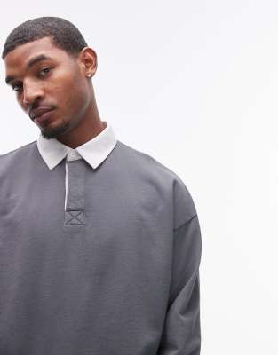 oversized fit polo with woven collar in washed charcoal-Gray