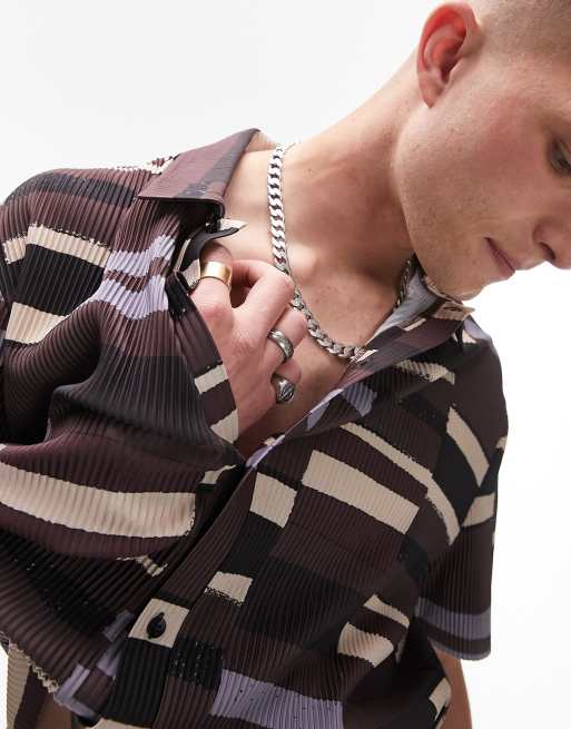Topman oversized fit print plisse button though polo in brown
