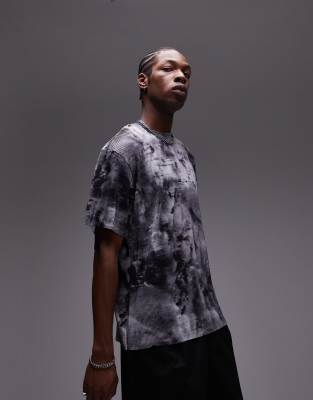 Topman oversized fit printed plisse t-shirt in gray
