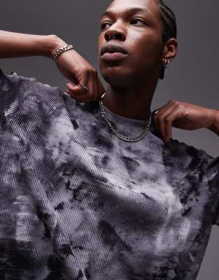 Topman Oversized Fit Printed Plisse T-shirt In Gray
