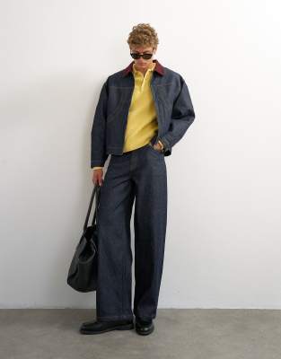 Topman Oversized Fit Quilted Denim Jacket With Corduroy Collar In Blue
