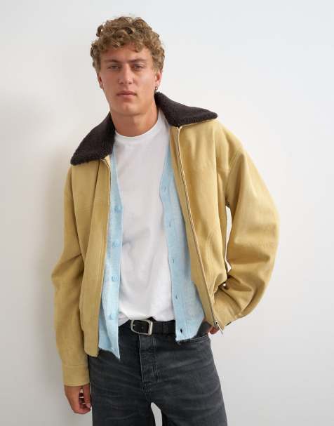 Topman oversized fit real suede jacket with shearling collar in butter yellow - view 1