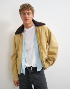Model wearing Oversized fit real suede jacket with shearling collar in butter yellow