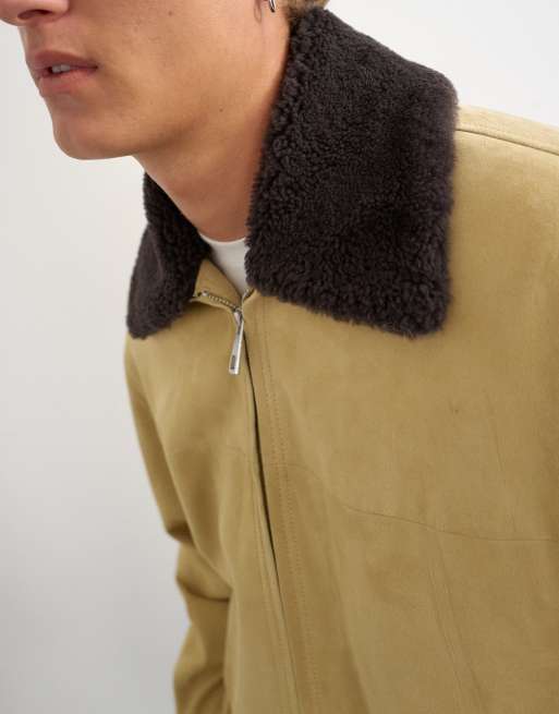 Topman oversized fit real suede jacket with shearling collar in butter yellow, 3 of 5