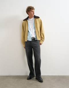 Model wearing Oversized fit real suede jacket with shearling collar in butter yellow