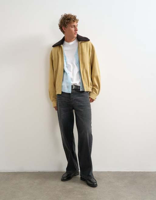 Topman oversized fit real suede jacket with shearling collar in butter yellow, 4 of 5