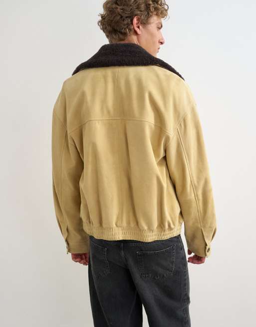 Topman oversized fit real suede jacket with shearling collar in butter yellow, 5 of 5