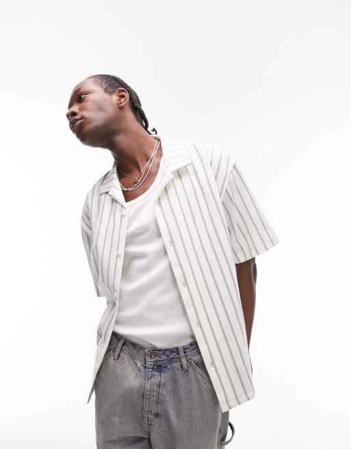 Topman oversized fit revere jersey shirt with vertical stripe in ecru