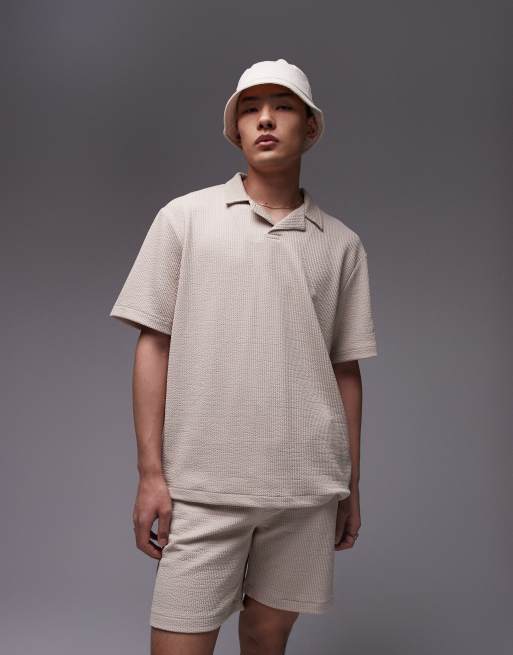 Topman oversized fit revere polo with crinkle plisse texture in stone