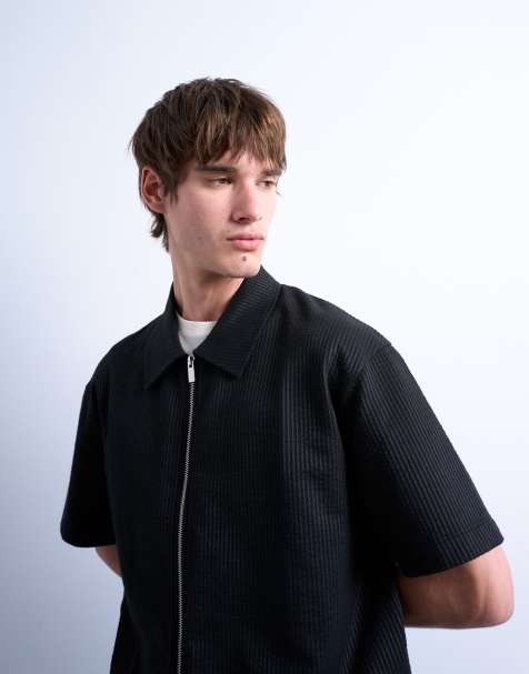 Topman oversized fit seersucker zip-through shirt in black - view 1