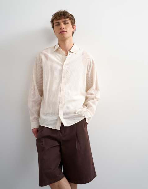 Topman oversized fit sheer stripe shirt in ecru - view 1