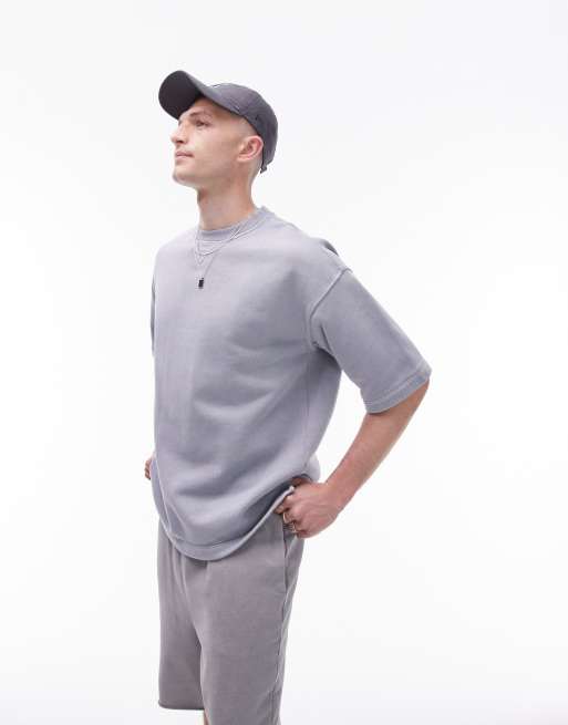 Topman oversized fit short sleeve sweatshirt in washed light grey