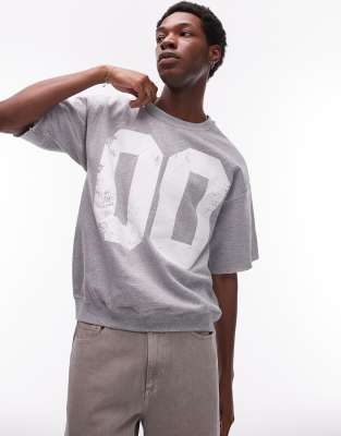 Topman oversized fit short sleeve sweatshirt with number print in gray heather