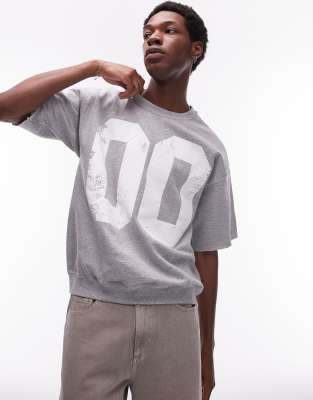 Topman oversized fit short sleeve sweatshirt with number print in grey marl