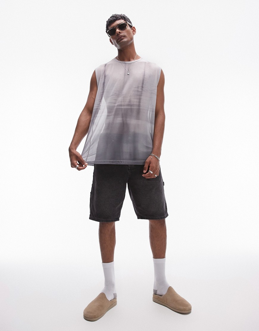 Topman oversized fit sleeveless mesh t-shirt with space dye print in black