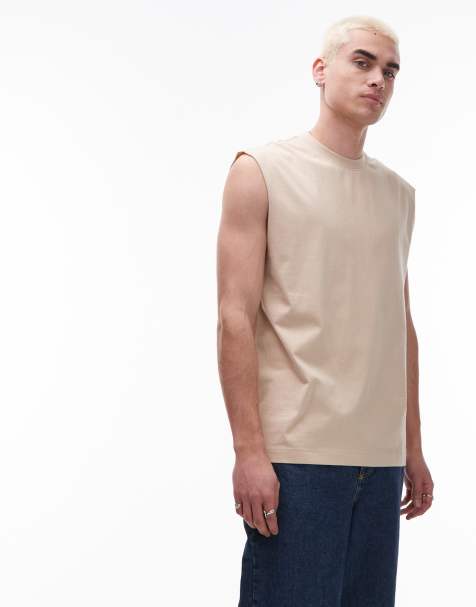 Topman oversized fit sleeveless t-shirt in stone - view 1
