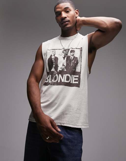 Topman oversized fit sleeveless t shirt with Blondie box print in washed stone