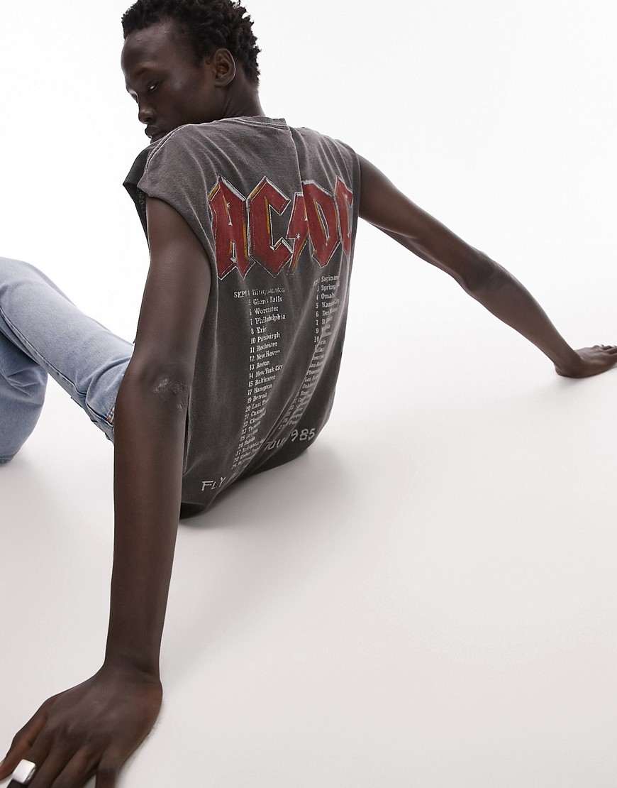 Topman oversized fit sleeveless t-shirt with front and back ACDC Tour print in washed black
